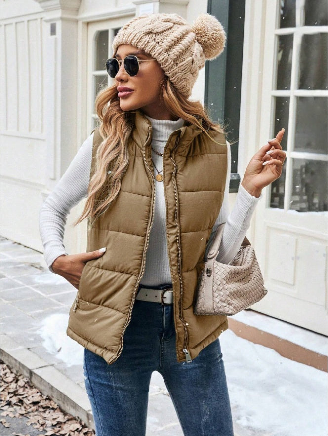 Women's Casual Zipper Closure Stand Collar Padded Padded Puffer Vest