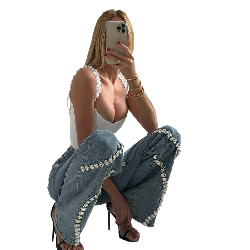 Mode Damen Kleidung Lose Gerade geschnittene Strass Jeans Mit Design Sinn