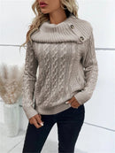 Twisted Knitted Turtleneck Buttons Raglan Sleeve Sweater