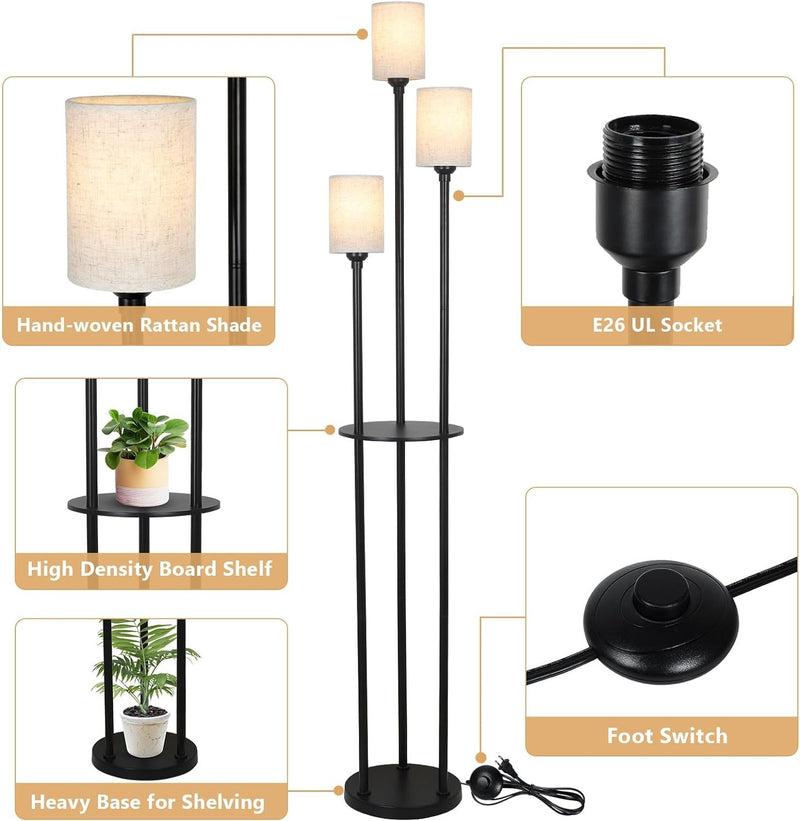 Floor Lamp With Shelf, Floor Lamp For Modern Living Room, 3 Light Standing Lamp With Linen Shade And Foot Switch