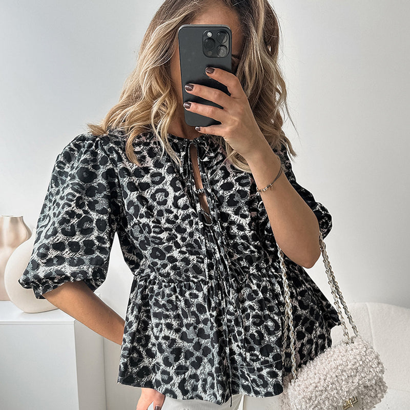 Women's Design Lace-up Bubble Sleeve Printed Blouse