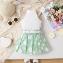 Girls' Pit Striped Halter Sleeveless Top Printed Pleated Skirt Belted Suit