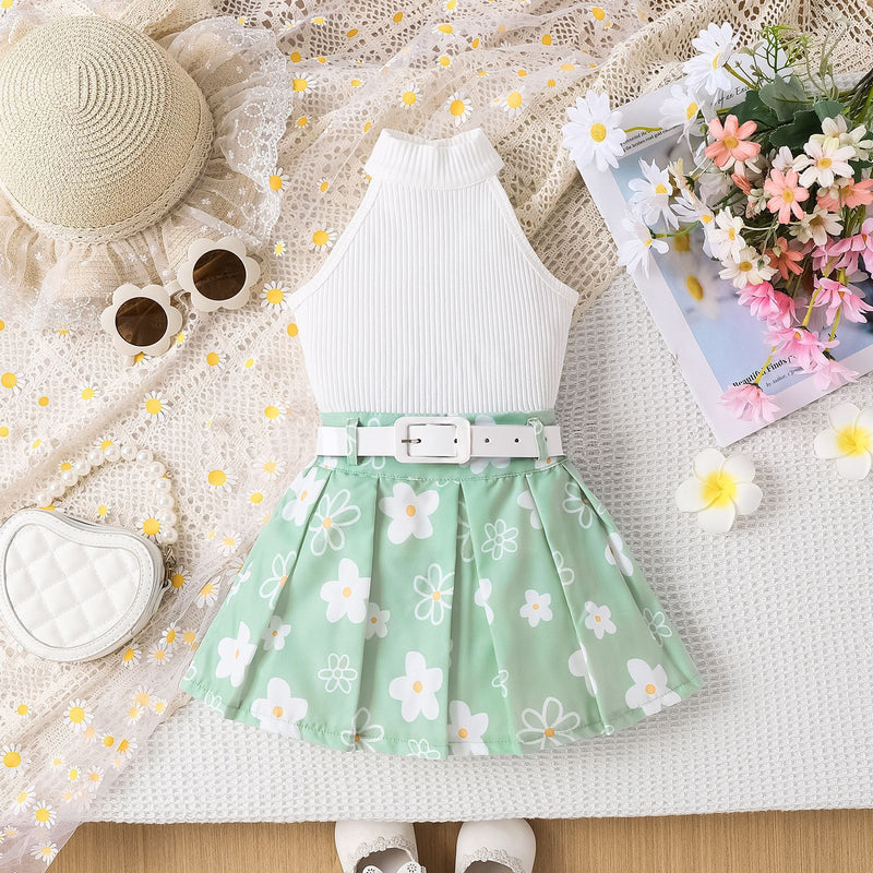 Girls' Pit Striped Halter Sleeveless Top Printed Pleated Skirt Belted Suit