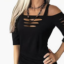 Ladies' Solid Color Lace Up Sleeve Shirt With Hollowed Out Square Collar Casual Shirt, Summer Rock T-shirt Top