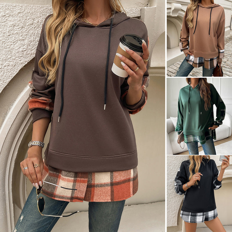 Contrast Color Casual False Two-piece Patchwork Hooded Long Sleeve Sweater