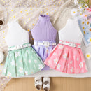 Girls' Pit Striped Halter Sleeveless Top Printed Pleated Skirt Belted Suit