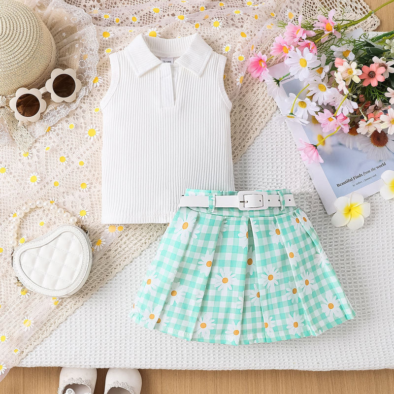 Girls' Suit Sleeveless Sunken Stripe Top With Daisy Plaid Skirt Belt Three-piece Suit
