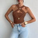 Women's Criss Cross Halter Bodysuit Ring Cut Out Sleeveless Fitted Leotard Tops