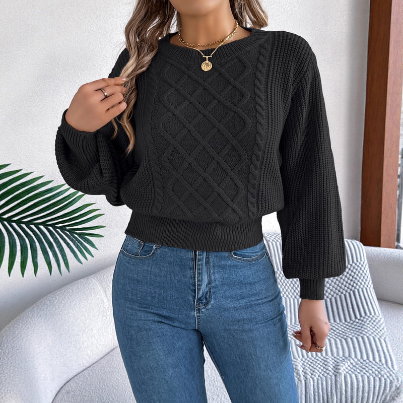 Solid Color Twist Lantern Long Sleeve Fitted Waist Sweater Women's Clothing