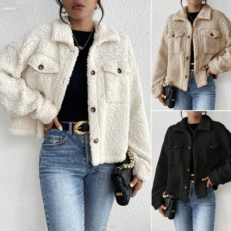 Women's Casual Polo Collar Plush Jacket Short