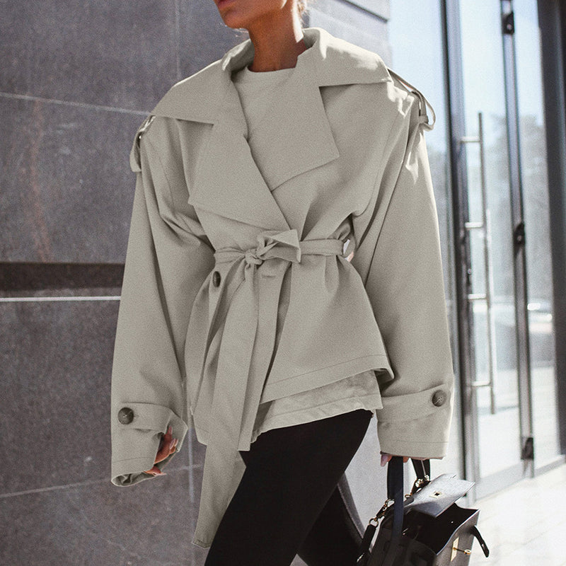 Loose Waistband Long Sleeve Trench Coat Casual Jacket