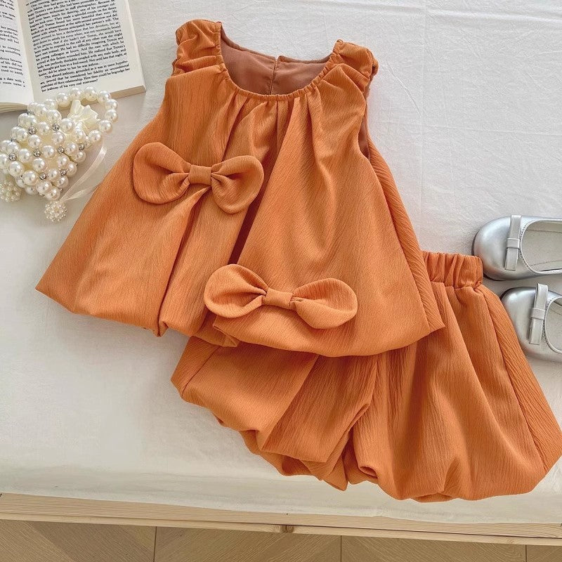 Girls' Bowknot Sleeveless Top Bud-shaped Pants Two-piece Suit
