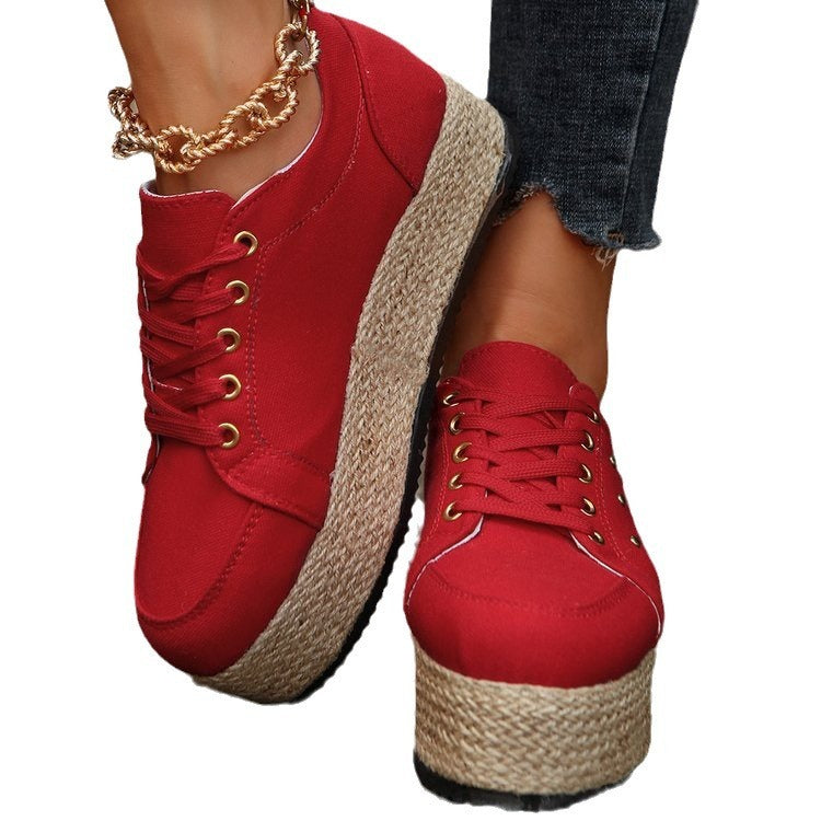 New European And American Cloth Rubber Cloth Lace Loop Round Toe Shoes