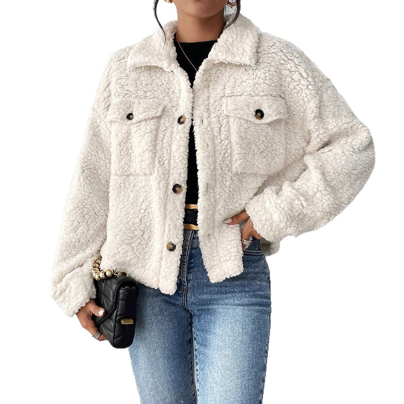 Women's Casual Polo Collar Plush Jacket Short