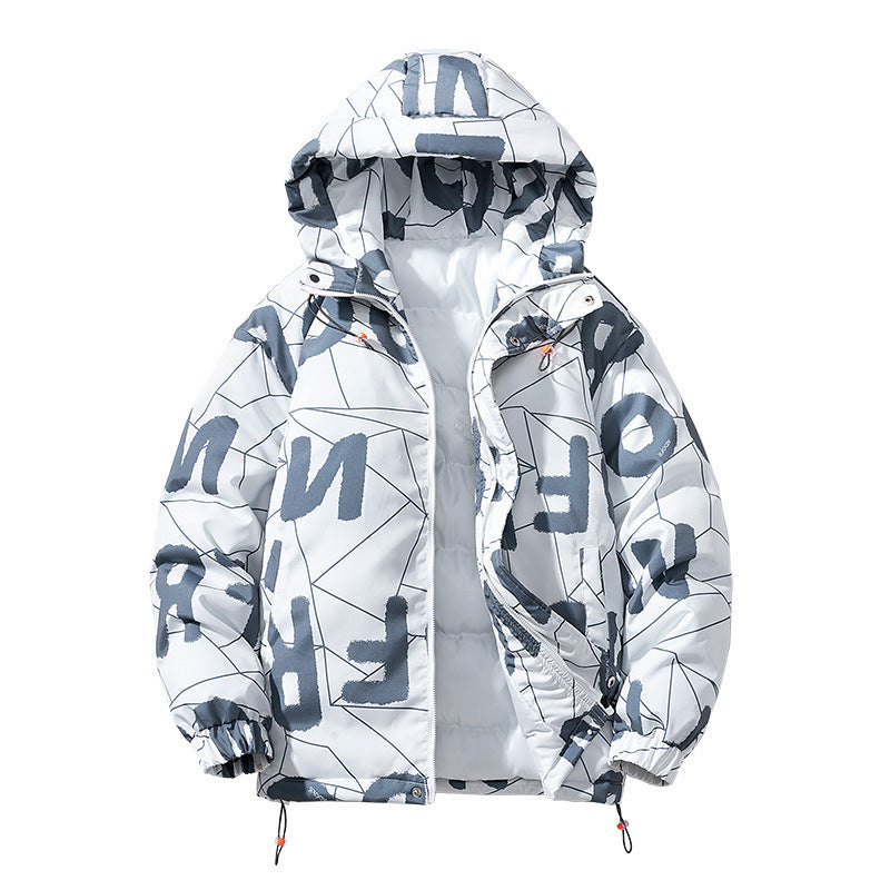 Dicker, baumwollgefütterter Mantel im Hong Kong-Stil mit Buchstaben im Unisex-Stil für Herren