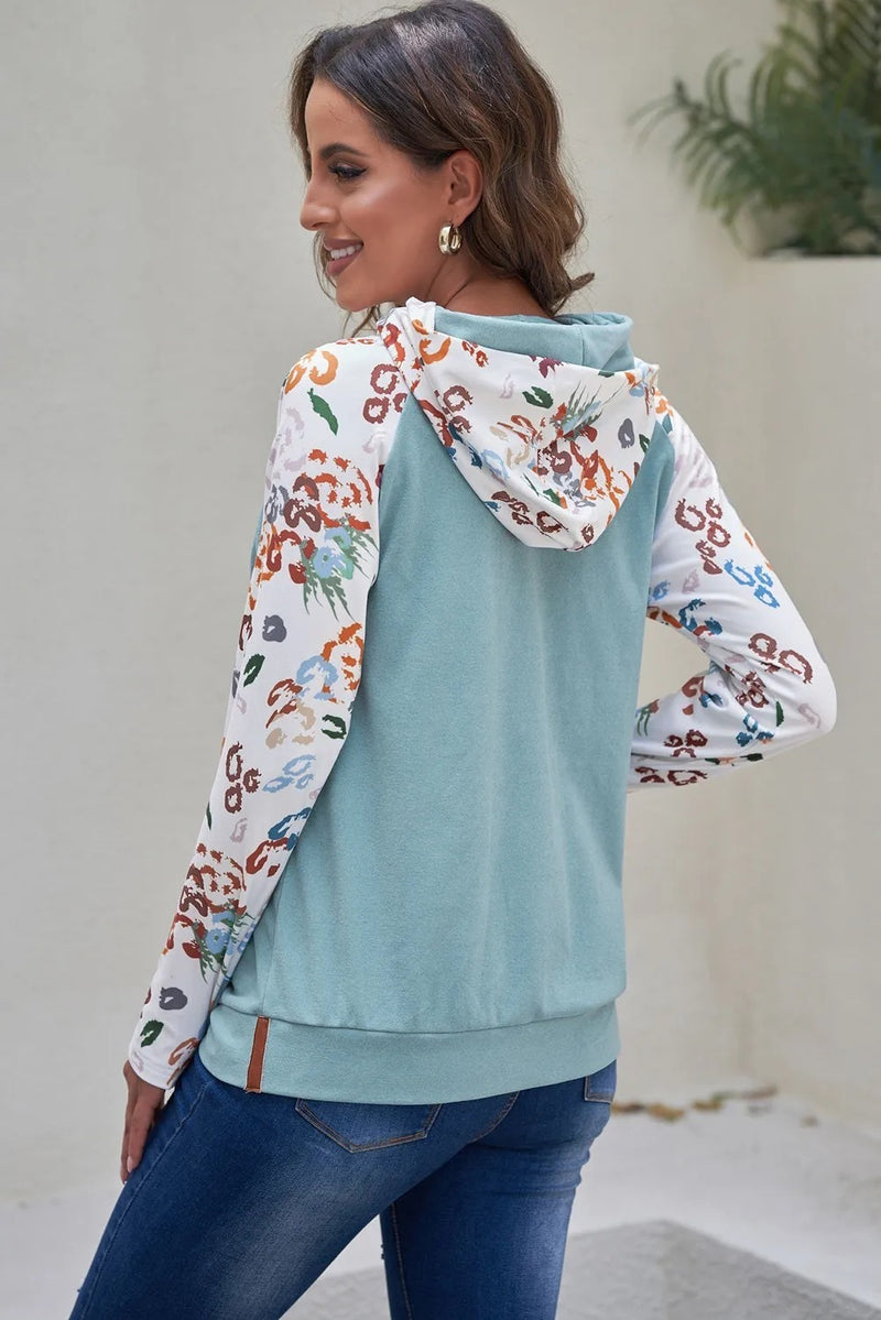 Leopard Print Sleeve Patchwork Hoodie With Pocket