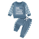 Casual Plaid Stitching Round Neck Letter Print Sweater Trousers Suit