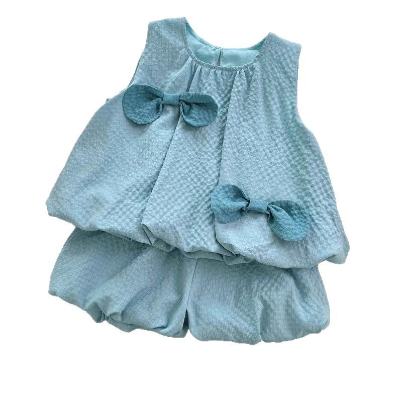 Girls' Bowknot Sleeveless Top Bud-shaped Pants Two-piece Suit
