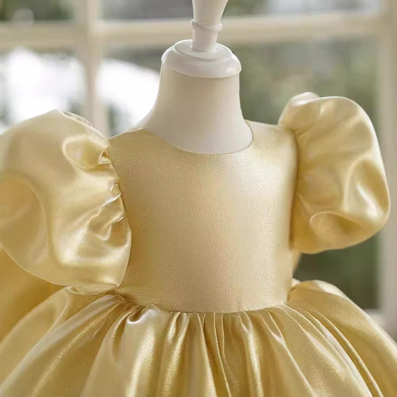 Girls' Dress New Champagne Satin Flower Girl Puff Sleeve