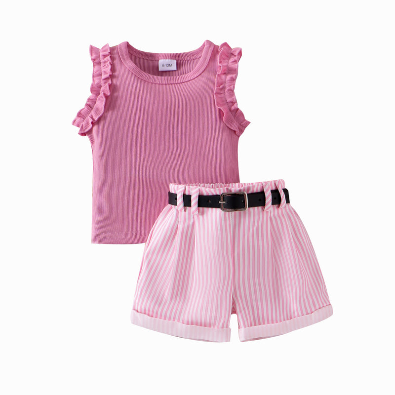 Girls' Pink Sunken Stripe Vest Shorts