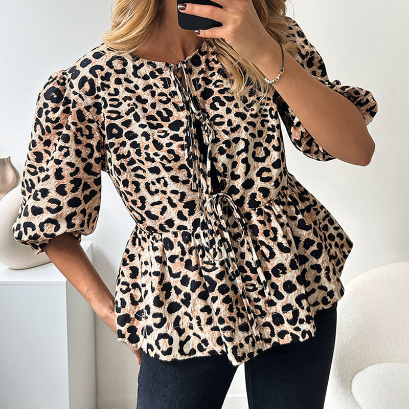 Women's Design Lace-up Bubble Sleeve Printed Blouse
