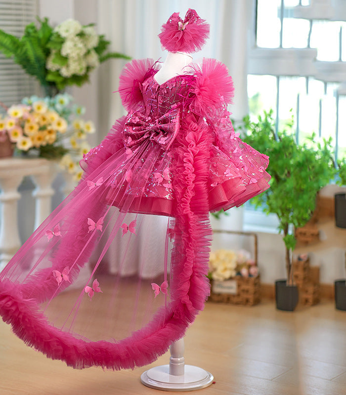 Rose Red Butterfly Sequined Long Sleeve Princess Children's Birthday Party Dress