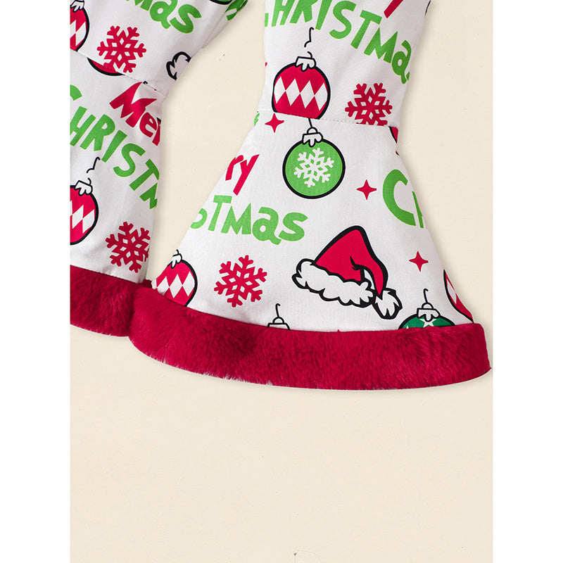 Toddler Baby Girls Christmas Clothes Ruffle Long Sleeve Heart Print Tops Dress Christmas Ball Print Flared Pants With Headband Outfits Set