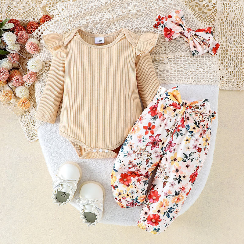 Sunken Stripe Long-sleeve Jumpsuit Flower Print Trousers Hair Band For Girls Suit