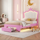 Twin Size Upholstered Bed Frame With LED Lights, Modern Upholstered Princess Bed With Crown Headboard, A Drawer