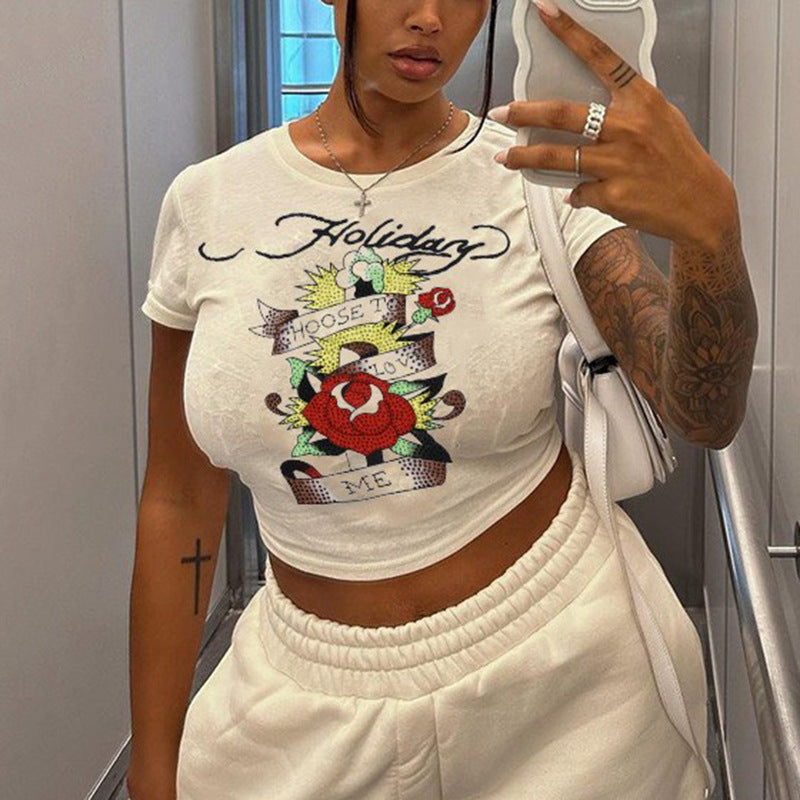 European And American Retro Printed Foreign Trade T-shirt Cute Solid Color