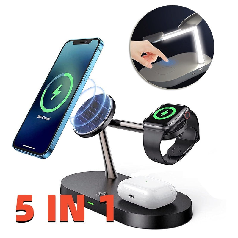 Chargeur magnétique sans fil multifonction 5 en 1 pour montre, casque, support de téléphone portable, charge rapide 15 W