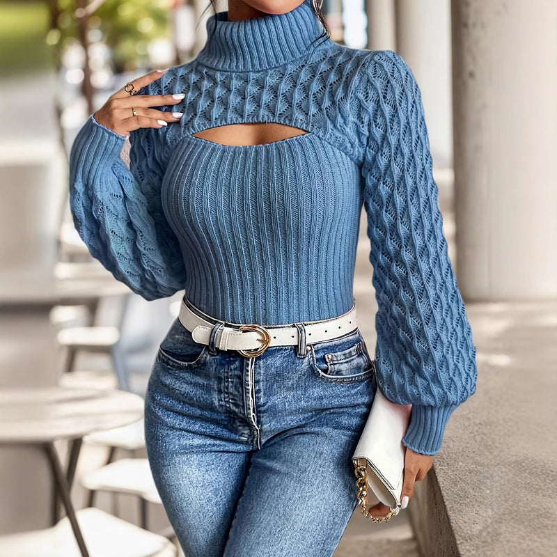 Women's Turtleneck Hollow Sweater Cable-knit Sweater
