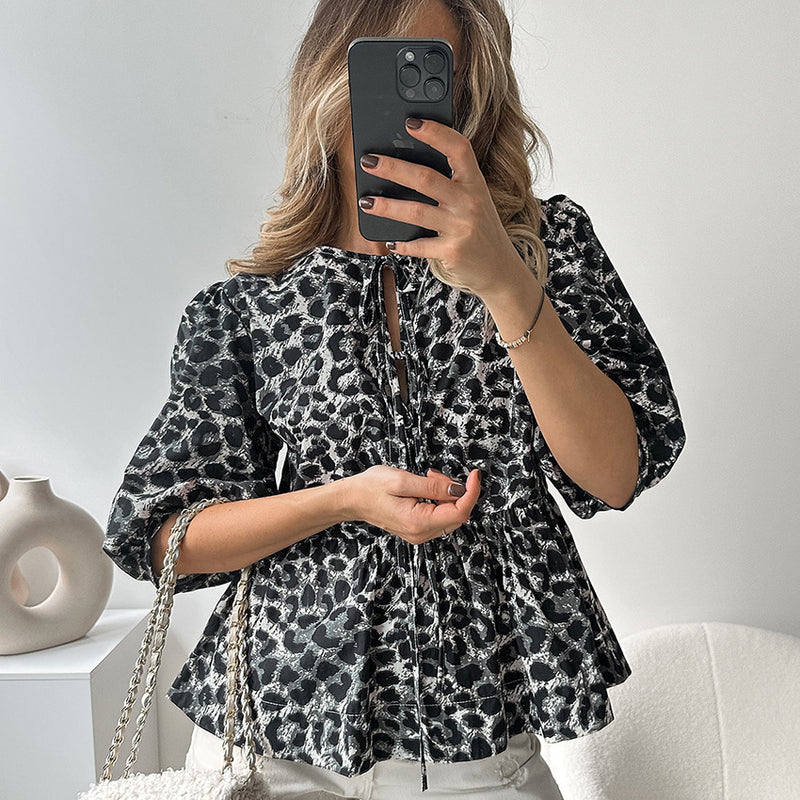 Women's Design Lace-up Bubble Sleeve Printed Blouse