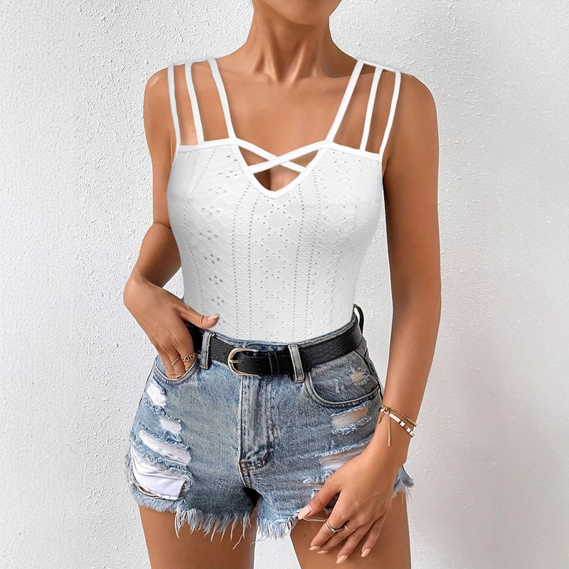 Summer Sleeveless Women's Solid Color Jacquard Camisole Pullover With Hollowed Out Top