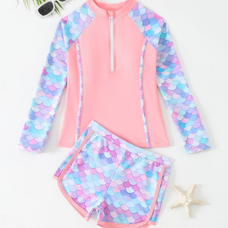 Split Boxer Long Sleeve Zipper Swimsuit With Chest Pad