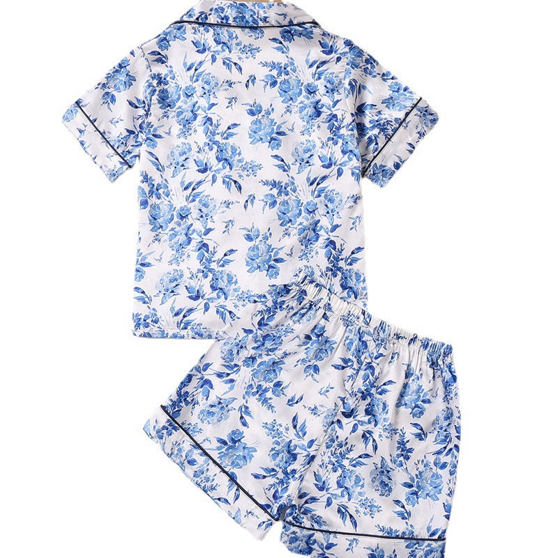 Printed Cardigan Lapel Children's Short-sleeved Satin Homewear Suit