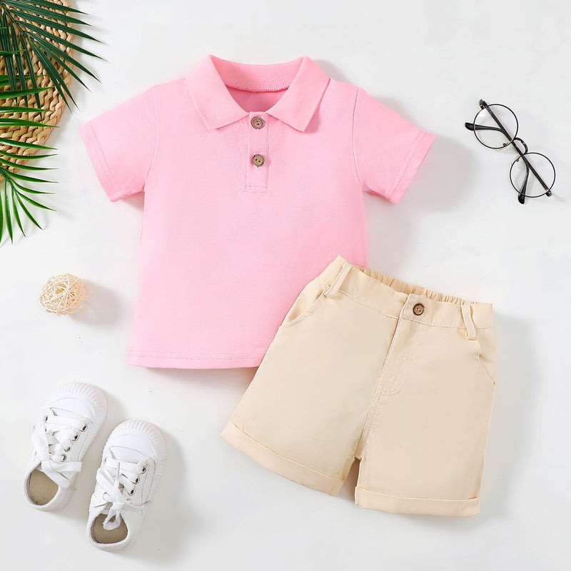 Boy's Polo Shirt Zipper Bar-tack Solid Color Shorts