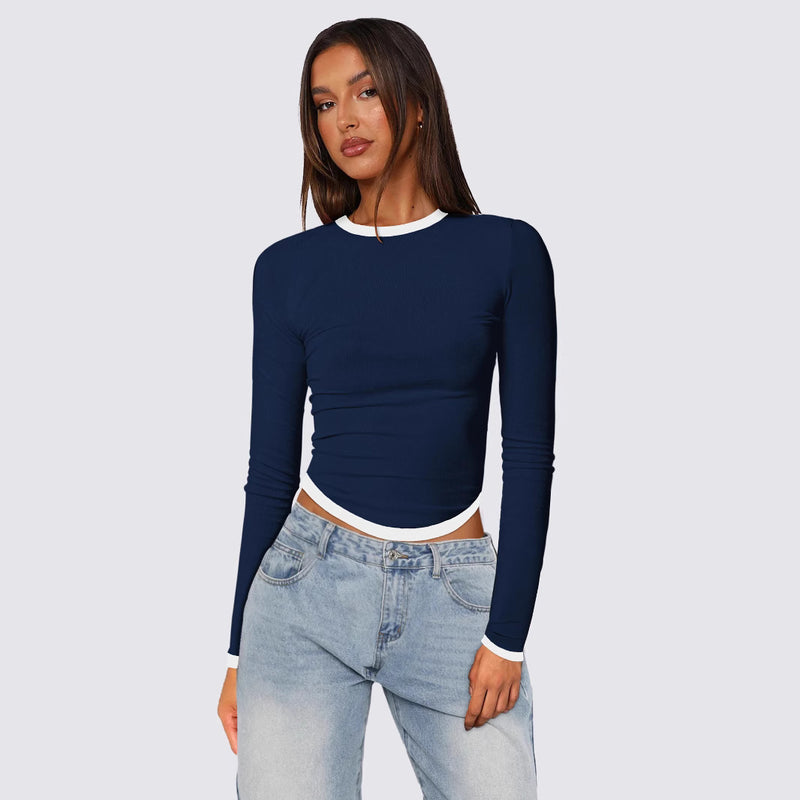 Women's Long-sleeved Round Neck Slim-fit Contrast Colors Short Pullover Top