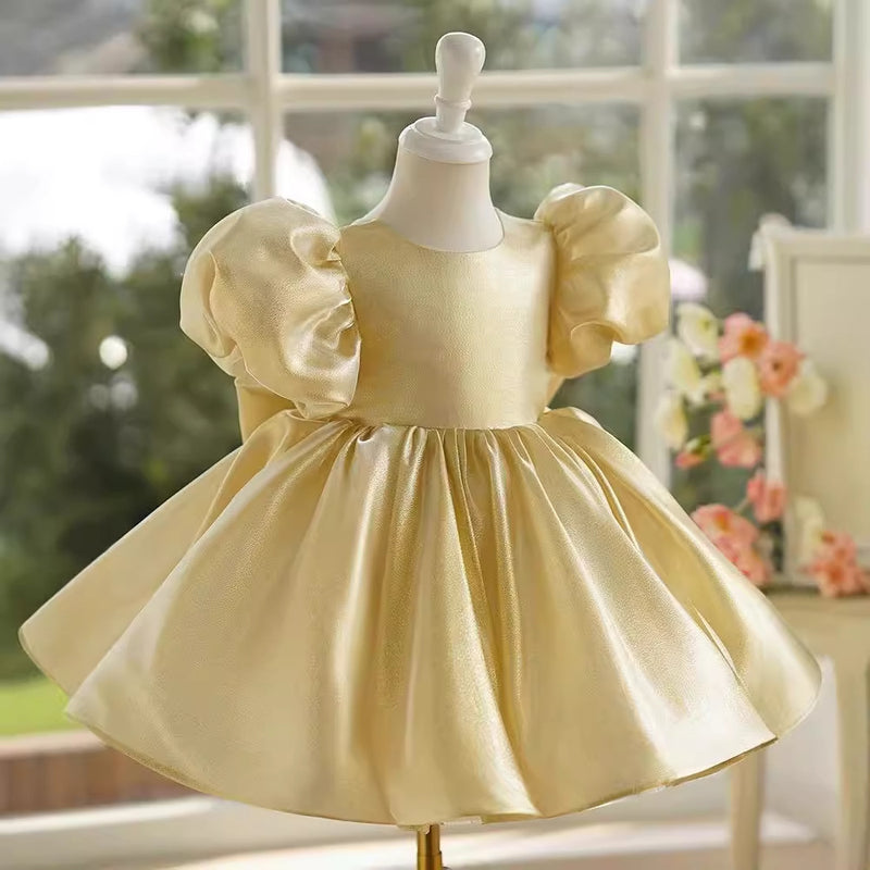 Girls' Dress New Champagne Satin Flower Girl Puff Sleeve