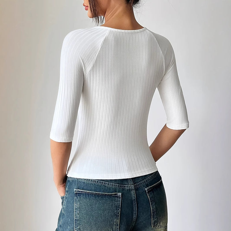 Women's Summer Textured Mid Sleeve V-neck Slim Fit Style Pullover
