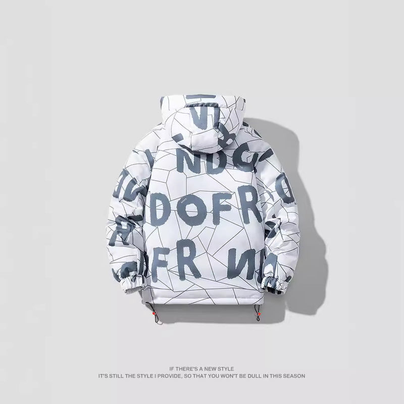 Dicker, baumwollgefütterter Mantel im Hong Kong-Stil mit Buchstaben im Unisex-Stil für Herren