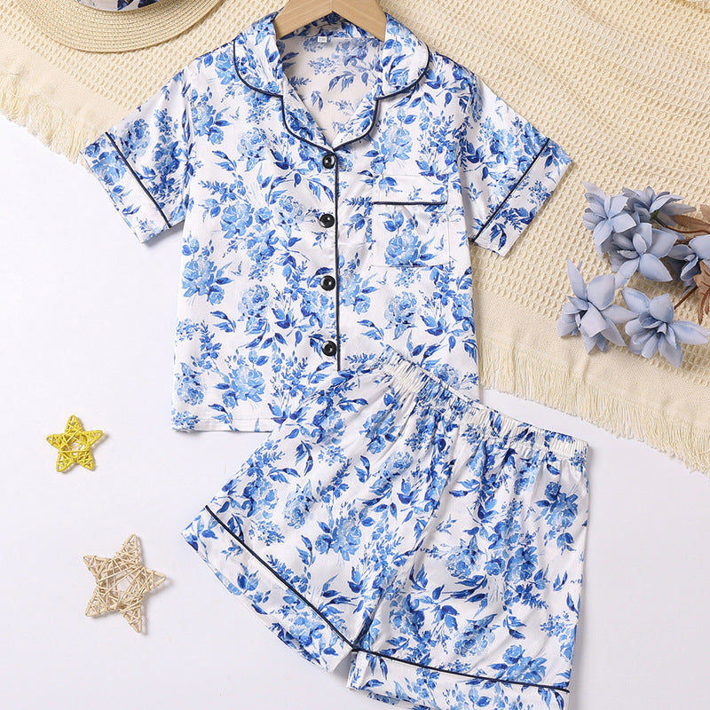 Printed Cardigan Lapel Children's Short-sleeved Satin Homewear Suit