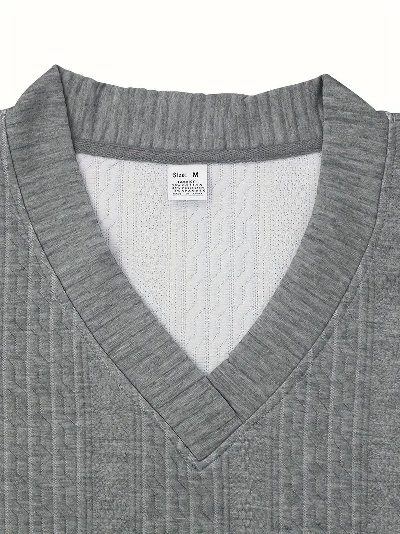 Ensemble 2 pièces pour homme, chemise jacquard unie à manches courtes et col en V, short à cordon assorti, vêtements de loisirs d'été