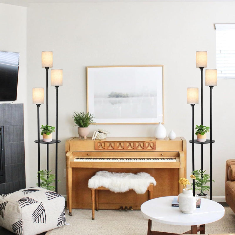 Floor Lamp With Shelf, Floor Lamp For Modern Living Room, 3 Light Standing Lamp With Linen Shade And Foot Switch