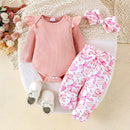 Sunken Stripe Long-sleeve Jumpsuit Flower Print Trousers Hair Band For Girls Suit