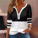 Women's V-collar Contrast Color Striped Loose Zip Long-sleeved T-shirt