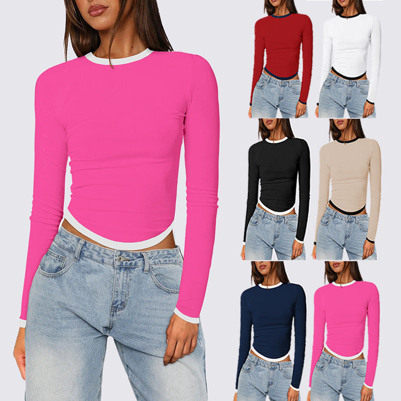 Women's Long-sleeved Round Neck Slim-fit Contrast Colors Short Pullover Top