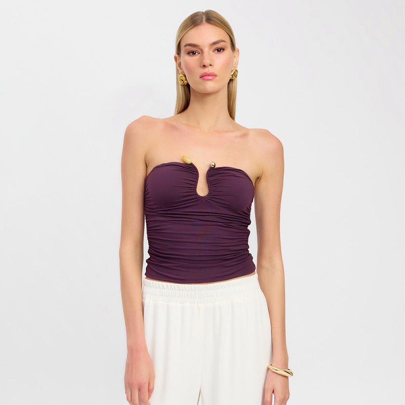 Solid Color Chest-wrapped Backless Pleated Agate T-shirt