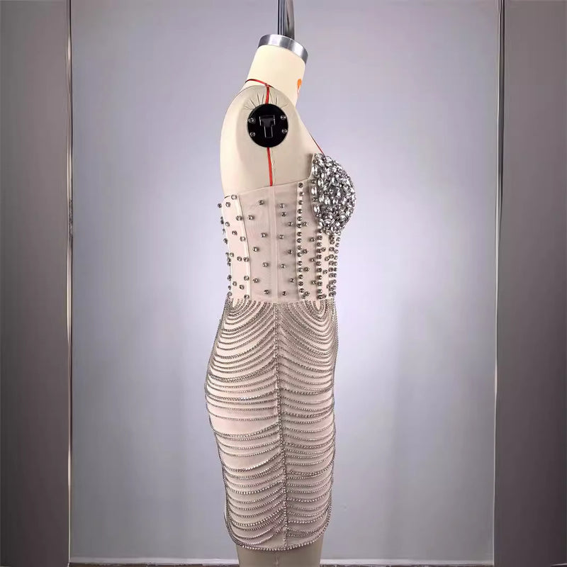 High Quality Fashion Off-the-shoulder Diamond Trim Slim Chain Tight Mini Dress Women