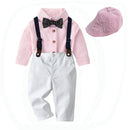 Boys' Spring And Autumn New Striped Shirt Hat Pants Match Suit